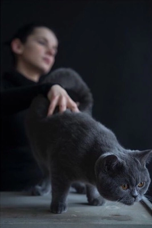 Photo of the artist with their cat Kitsune